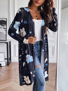 SHEIN LUNE Floral Print Open Front Coat - Multicolor - View 4