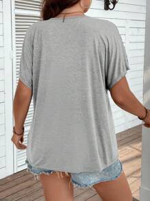 SHEIN Clasi Plus Contrast Lace Batwing Sleeve Tee - Grey - View 2