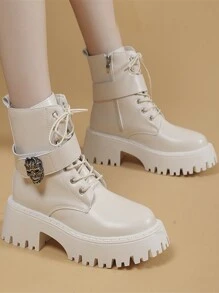 ROMWE Kawaii Women Skull Metal Decor Lace-up Front Combat Boots, Cool Outdoor Fashion Boots - Beige - View 3