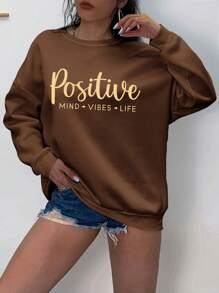 SHEIN EZwear Plus Slogan Graphic Drop Shoulder Sweatshirt - Coffee Brown - View 1