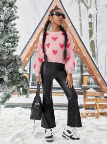 Tween Girl Star Pattern Flare Leg PU Leather Pants - Black - View 5