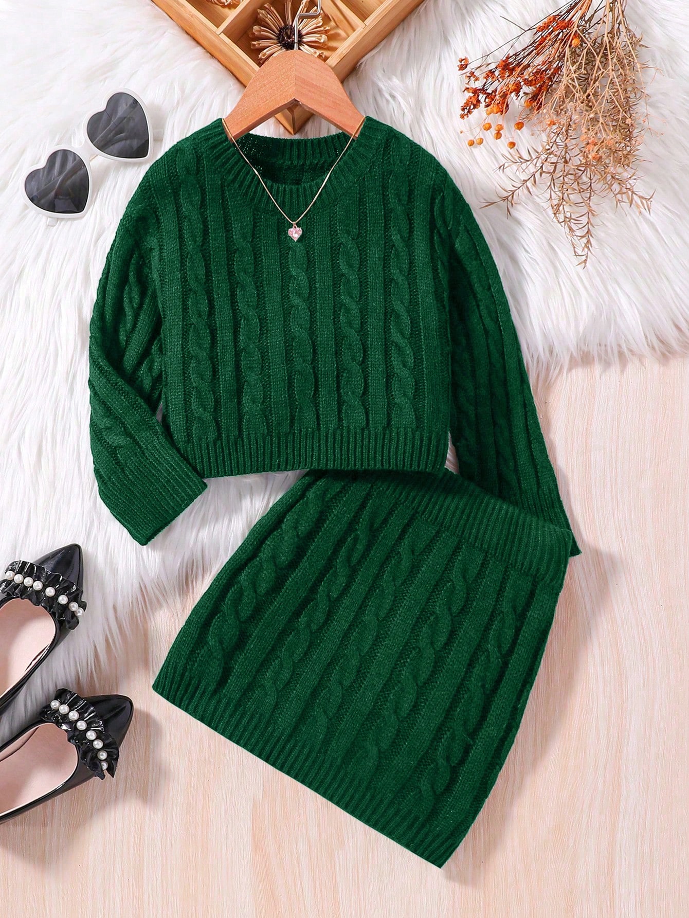 Young Girl Cable Knit Sweater & Knit Skirt SHEIN USA
