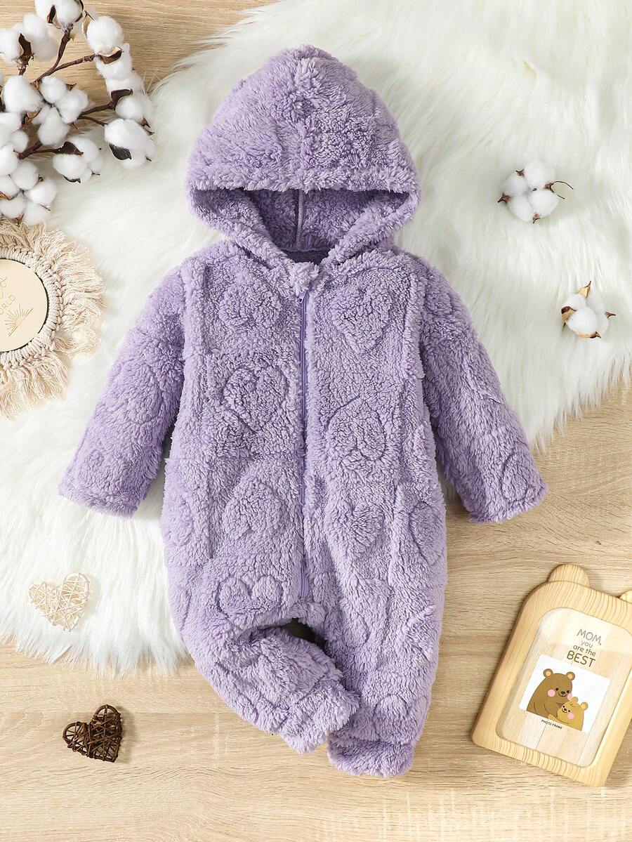Baby Girl Heart Pattern Hooded Teddy Jumpsuit - Purple - View 1