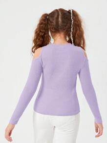 SHEIN Leap Crew 純色長袖針織T卹，肩部剪裁和條紋圖案適用於春秋時節青少女 - 淡紫色 - 查看 2