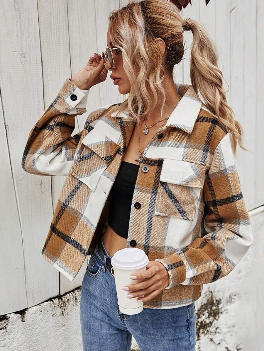 SHEIN Frenchy In kẻ sọc Túi có nắp Nút phía trước Áo khoác - Nhiều màu - Xem 1