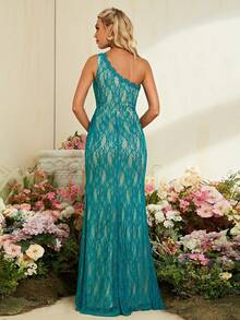 One Shoulder Split Thigh Lace Bridesmaid Dress - Teal Blue - View 2