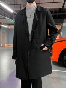 Manfinity Hypemode Loose Fit Men's Double Breasted Drop Shoulder Trench Coat - Black - View 3