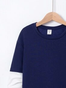 SHEIN 青少年男孩拼色补丁图案 T 恤 - 藏蓝色 - 查看 5