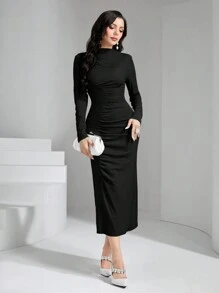 Modelyn Mock Neck Ruched Split Back Dress - Black - View 1