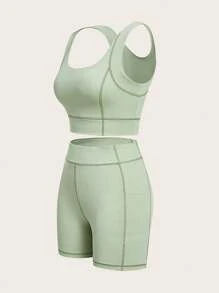 VARSITIE 運動瑜伽基本款胸墊配套坦克上衣和緊身褲套裝 - 綠色 - 查看 3