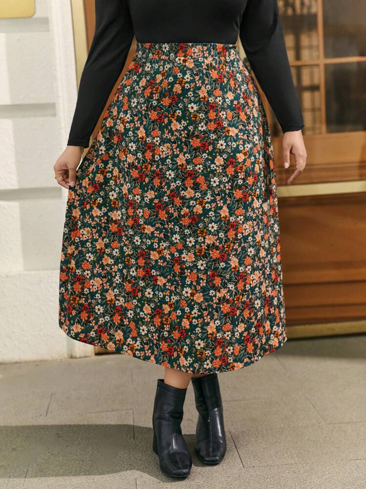 SHEIN Frenchy 大码波西米亚风满布花卉印花 A 字裙 - 彩色 - 查看 5