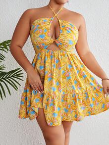 SHEIN VCAY Plus Floral Print Cut Out Tie Backless Ruffle Hem Halter Dress - Yellow - View 5