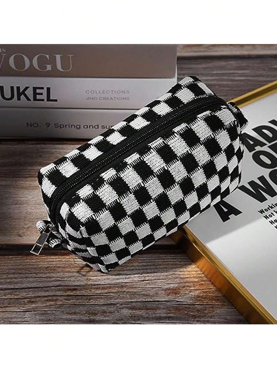 1入黑白車格紋針織軟質經典車格紋圖案防水大容量旅行便攜式八邊形化妝包女士女孩儲物化妝品組織器化妝箱