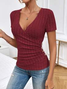 SHEIN Privé Surplice Neck Button Detail Ribbed Knit Tee - Burgundy - View 4