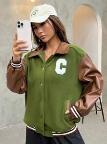 SHEIN EZwear Letter Patched Striped Trim Drop Shoulder Colorblock Striped Trim Jacket