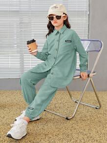 SHEIN Tween meisje Letterspatch Oversized Corduroy Shirt & broek