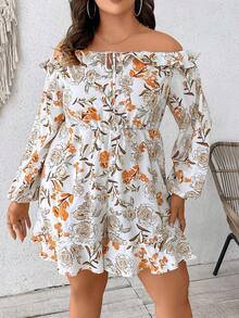 SHEIN VCAY 大碼印花一字肩荷葉邊前繫帶連身短褲 - 彩色 - 查看 4