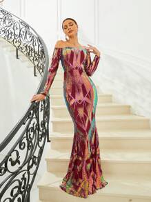 Missord Off Shoulder Mermaid Hem Sequin Formal Dress - Red - View 1