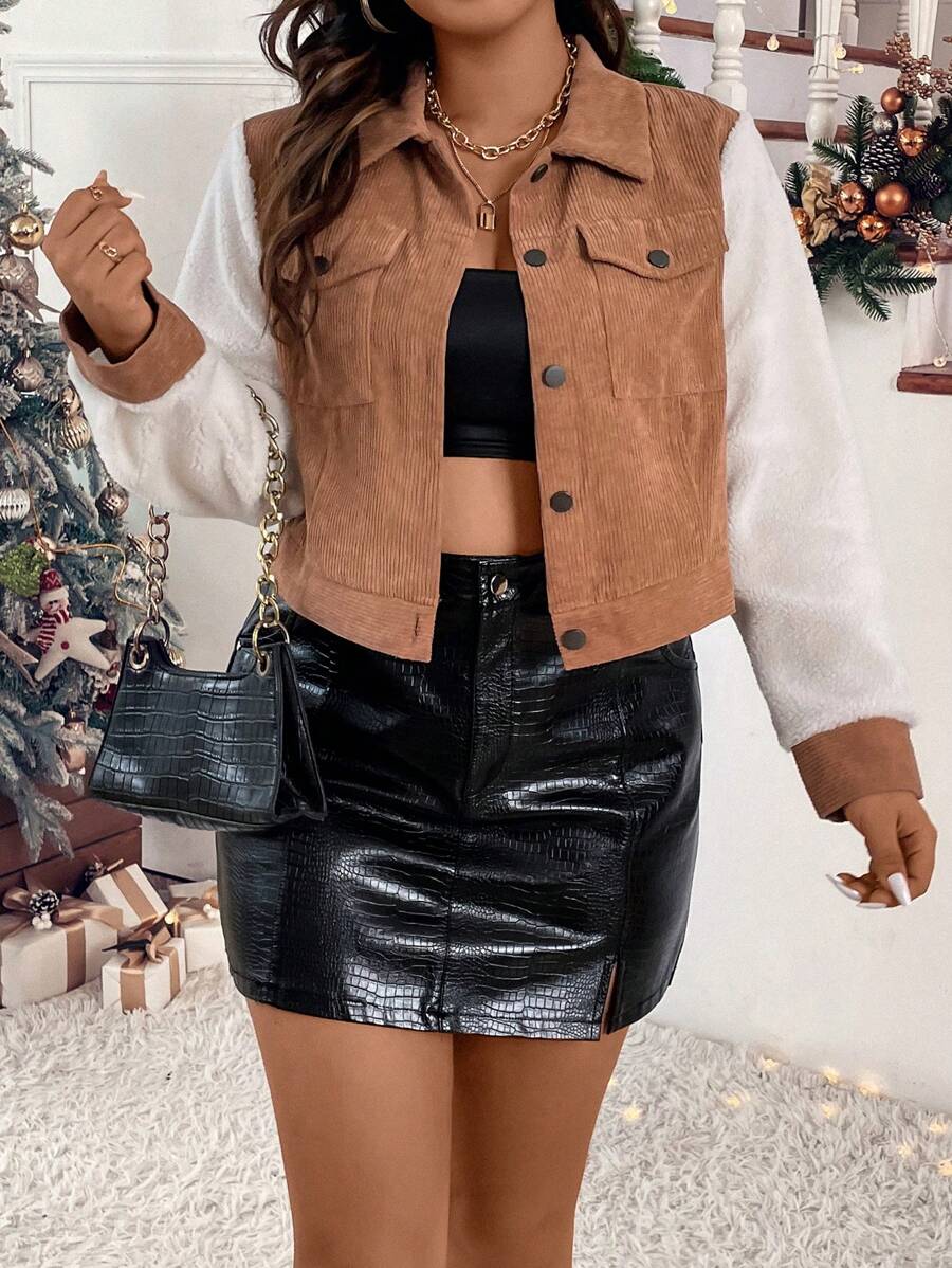 SHEIN LUNE Plus Two Tone Flap Pocket Crop Corduroy Jacket - Brown - View 1