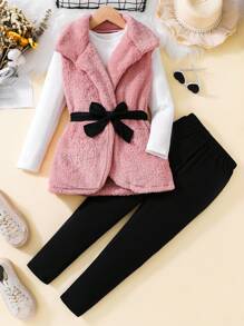 SHEIN Vintaside Kids Tween Girl Solid Tee & Leggings & Tee - Pink - View 1