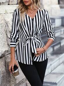 EMERY ROSE Striped Print Knot Front Belted Blouse - Black and White - View 3