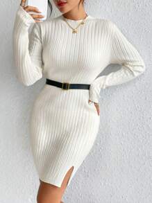 SHEIN Frenchy Mock Neck Split Hem Ribbed Knit Bodycon Sweater Dress Without Belt In Fall/Winter - Beige - View 1