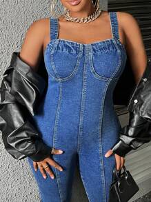 SHEIN Essnce Plus Zip Back Bustier Denim Overalls - Medium Wash - View 6