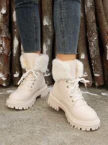 女士时尚柔软舒适春/秋/冬靴，配白色鞋带和保暖内衬 - 米色 - 查看 4