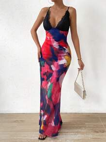 Islaluna Tie Dye Contrast Lace Mermaid Hem Mesh Cami Dress Maxi Women Outfit - Multicolor - View 6