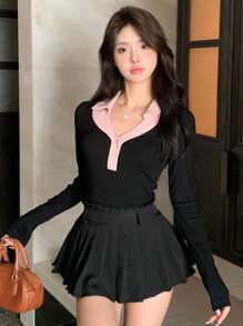 DAZY Áo thun nữ tay dài cài nút cổ tương phản, quần áo nữ mùa thu - màu đen - Xem 3
