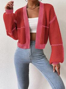 SHEIN Unity 女士休闲日常通勤撞色落肩宽松短款开衫，秋冬 - 彩色 - 查看 6