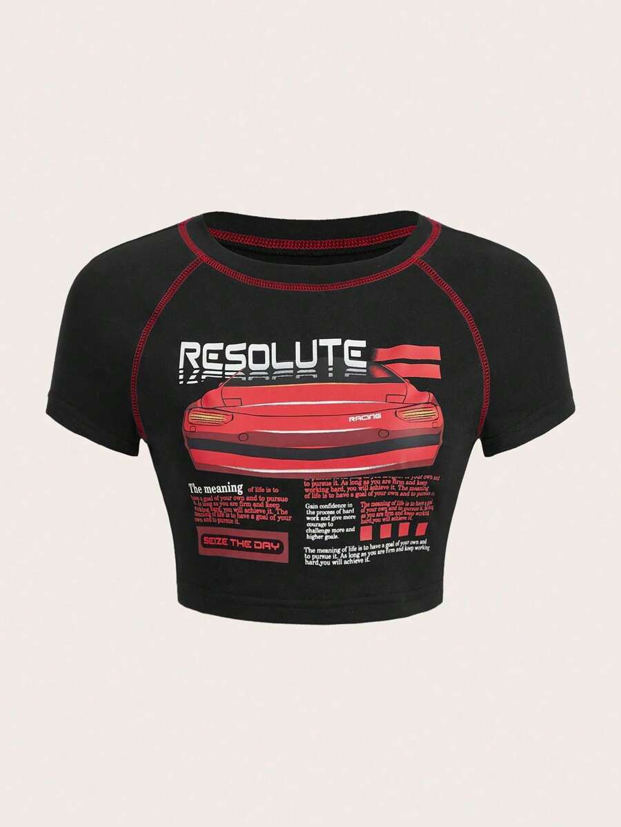 SHEIN EZwear Áo thun nữ Đường may lộ ra ngoài Ô tô/xe hơi Lá thư Giải trí - màu đen - Xem 1