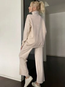 Solid Turtleneck Drop Shoulder Sweater & Knit Pants - Apricot - View 2