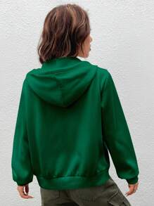 SHEIN EZwear 休閒抽繩 口袋 拉鍊人像 標語女士衛衣 - 綠色 - 查看 2