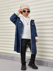 SHEIN 男小童翻蓋口袋毛絨內襯牛仔效果印花連帽外套 - 藍色 - 查看 1