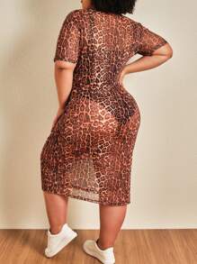 SHE(IN) BRASIL 大碼豹紋印花網紗洋裝不附帶內衣褲套裝 - 紫紅色 - 查看 2