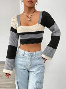 SHEIN Unity 撞色方领短款针织套头衫 秋冬毛衣 - 黑色 - 查看 5