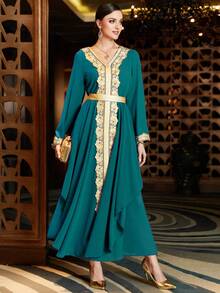 Al Najma Contrast Trimmed Belted Kaftan - Teal Blue - View 5
