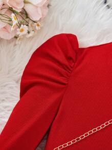 SHEIN 青少年女孩立领羊腿袖 T 恤和格子印花束带裙，适合圣诞节穿着 - 彩色 - 查看 4