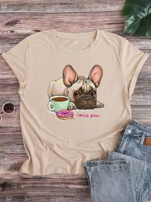 INAWLY Talla grande Camiseta con estampado de perro y slogan - Caqui - Ver 1