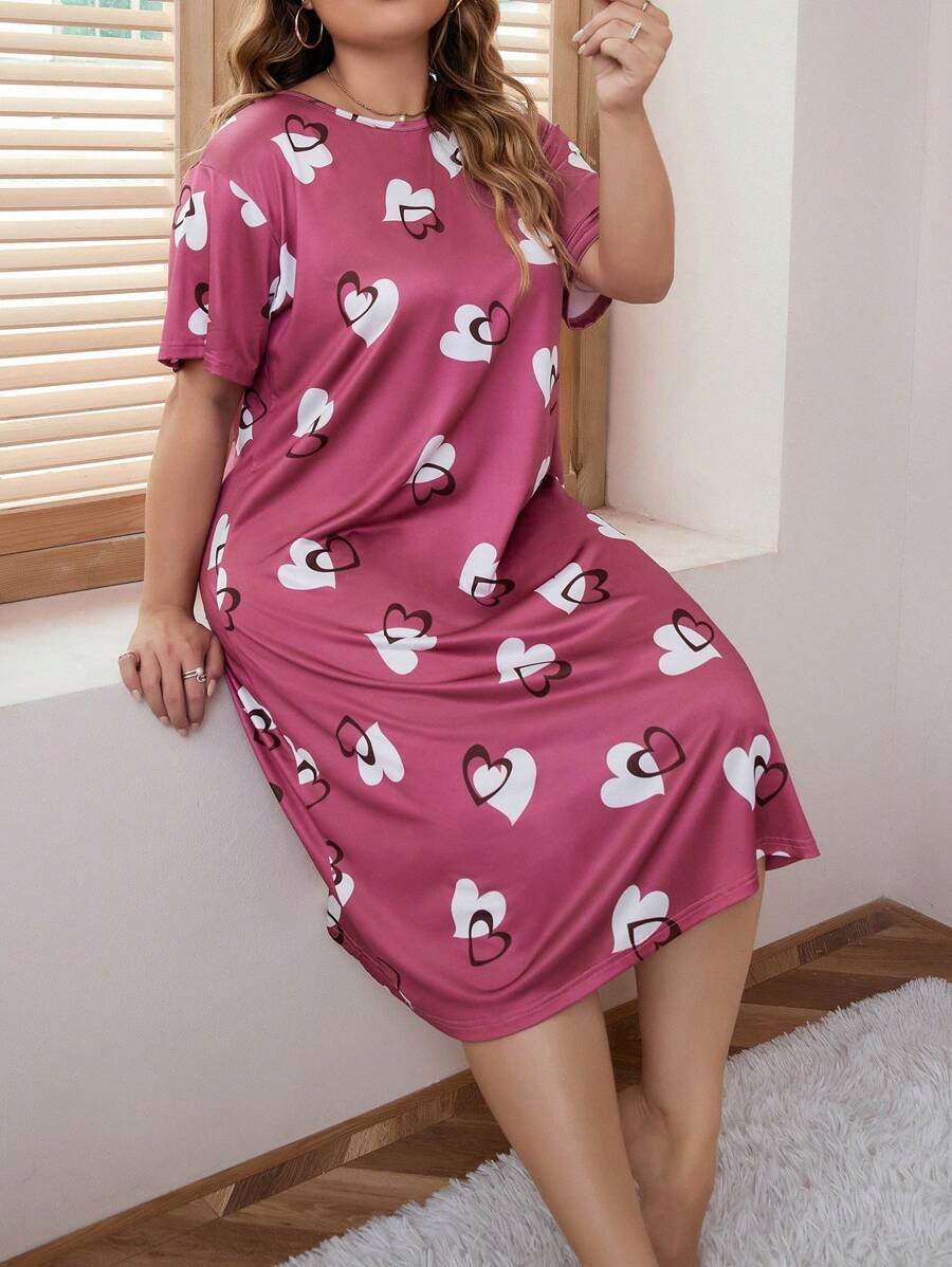Plus Heart Print Pajama Nightdress - Multicolor - View 1