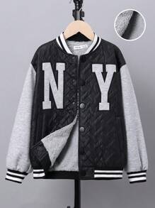 SHEIN 男大童字母刺繡條紋飾邊落肩袖加絨內裏棒球領絎縫外套 - 彩色 - 查看 1