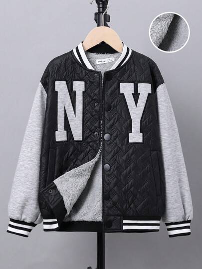 SHEIN Tween Boy Letter Embroidery Striped Trim Drop Shoulder Thermal Lined Baseball Collar Quilted Coat