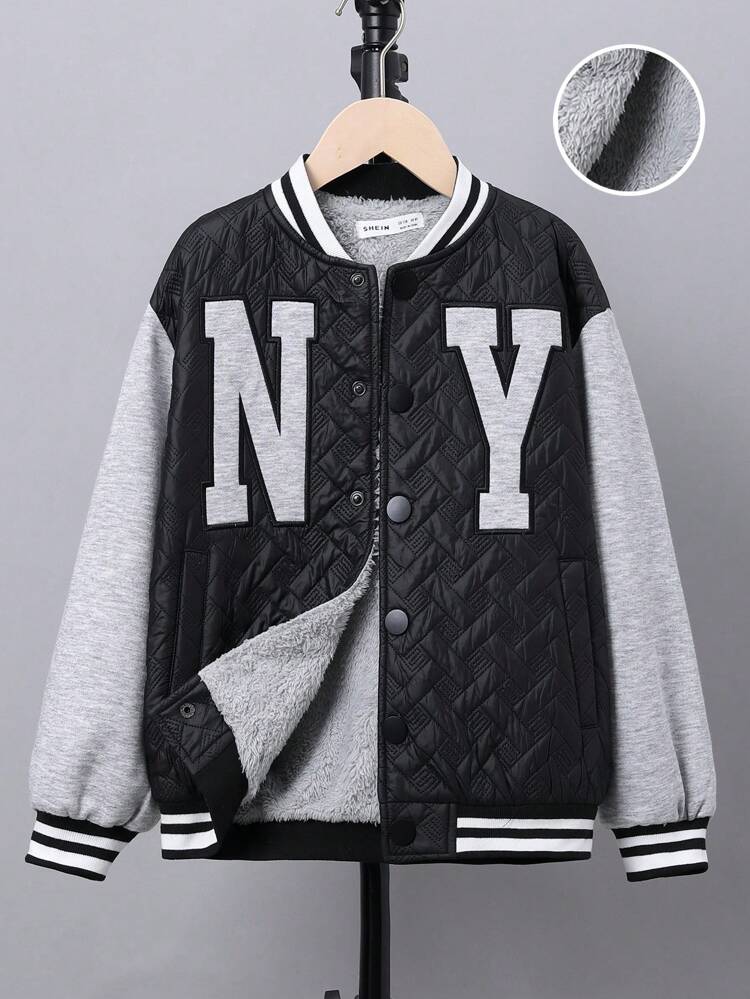 Tween Boy Letter Embroidery Striped Trim Drop Shoulder Thermal Lined Baseball Collar Quilted Coat