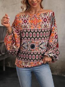 SHEIN Clasi Allover Print Off Shoulder Lantern Sleeve Blouse - Black - View 3