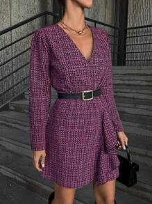 RueChic Plaid Pattern Draped Detail Wrap Dress Without Belt - Hot Pink - View 3