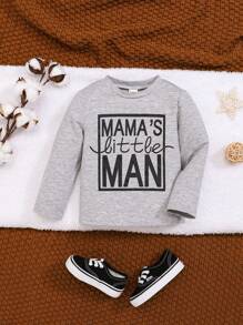 SHEIN Baby Boy Casual Round Neck Long Sleeve Grey Letter Print T-Shirt - Light Grey - View 1