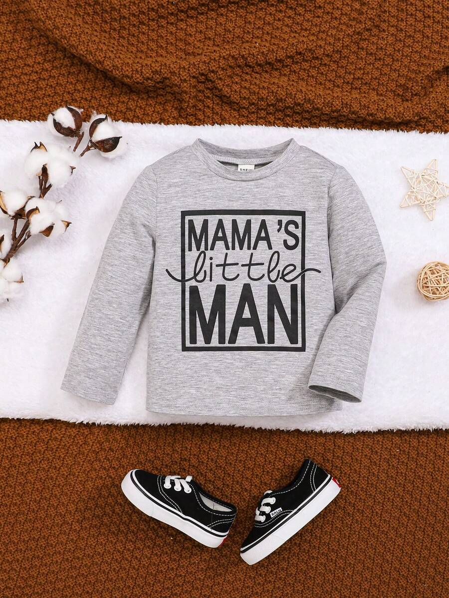 SHEIN Baby Boy Casual Round Neck Long Sleeve Grey Letter Print T-Shirt - Light Grey - View 1