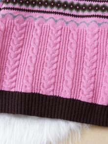 SHEIN Tween Girl Geo Pattern Contrast Trim Cable Knit Sweater - Multicolor - View 3