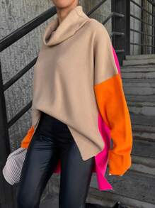 EURMUSE Maglione colorblock spalle cadenti collo alto - Cachi - Visualizzare 3